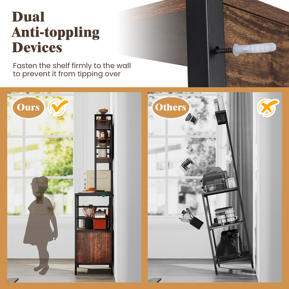 Modern Coffee Bar Cabinet with Wine Bottle Holders & S-Shaped Hooks, Microwave Stand with Power Outlet & Storage Cabinet