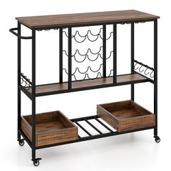 rolling bar cart on wheels with glass racks and bottle holders, industrial wine and beverage serving cart