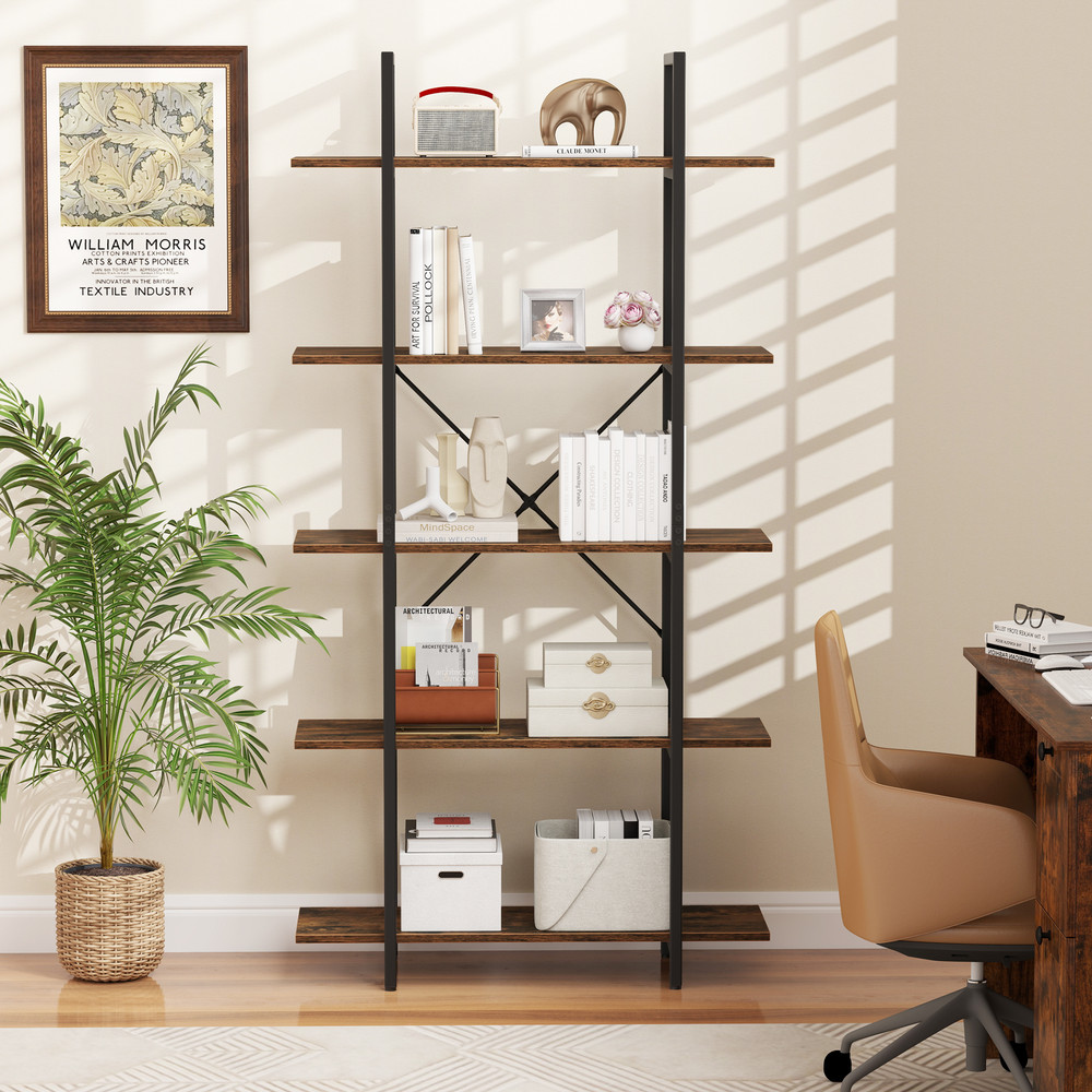 Rustic Industrial Bookcase With Metal Frame And Open Storage Shelves Tall Bookshelf For Modern  Vin 1