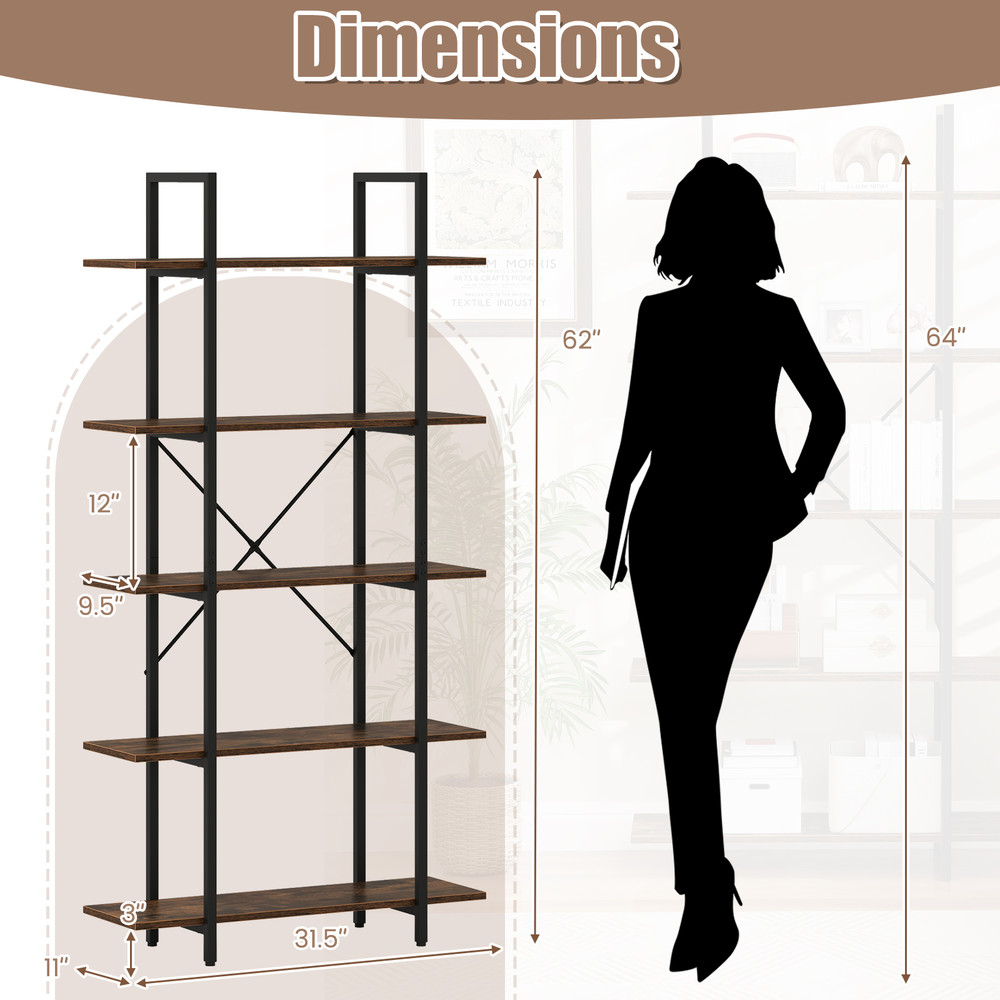 Rustic Industrial Bookcase With Metal Frame And Open Storage Shelves Tall Bookshelf For Modern  Vin 6