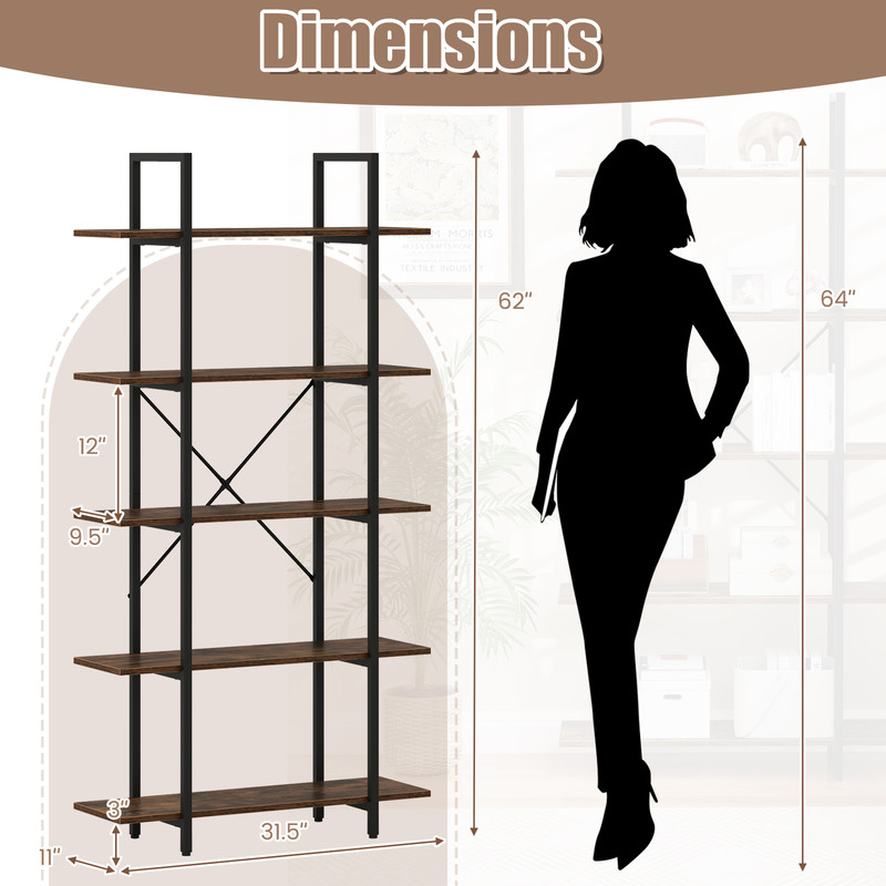 Rustic Industrial Bookcase With Metal Frame And Open Storage Shelves Tall Bookshelf For Modern  Vin 6