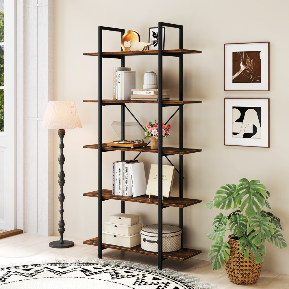 Rustic Industrial Bookcase With Metal Frame And Open Storage Shelves Tall Bookshelf For Modern  Vin 3