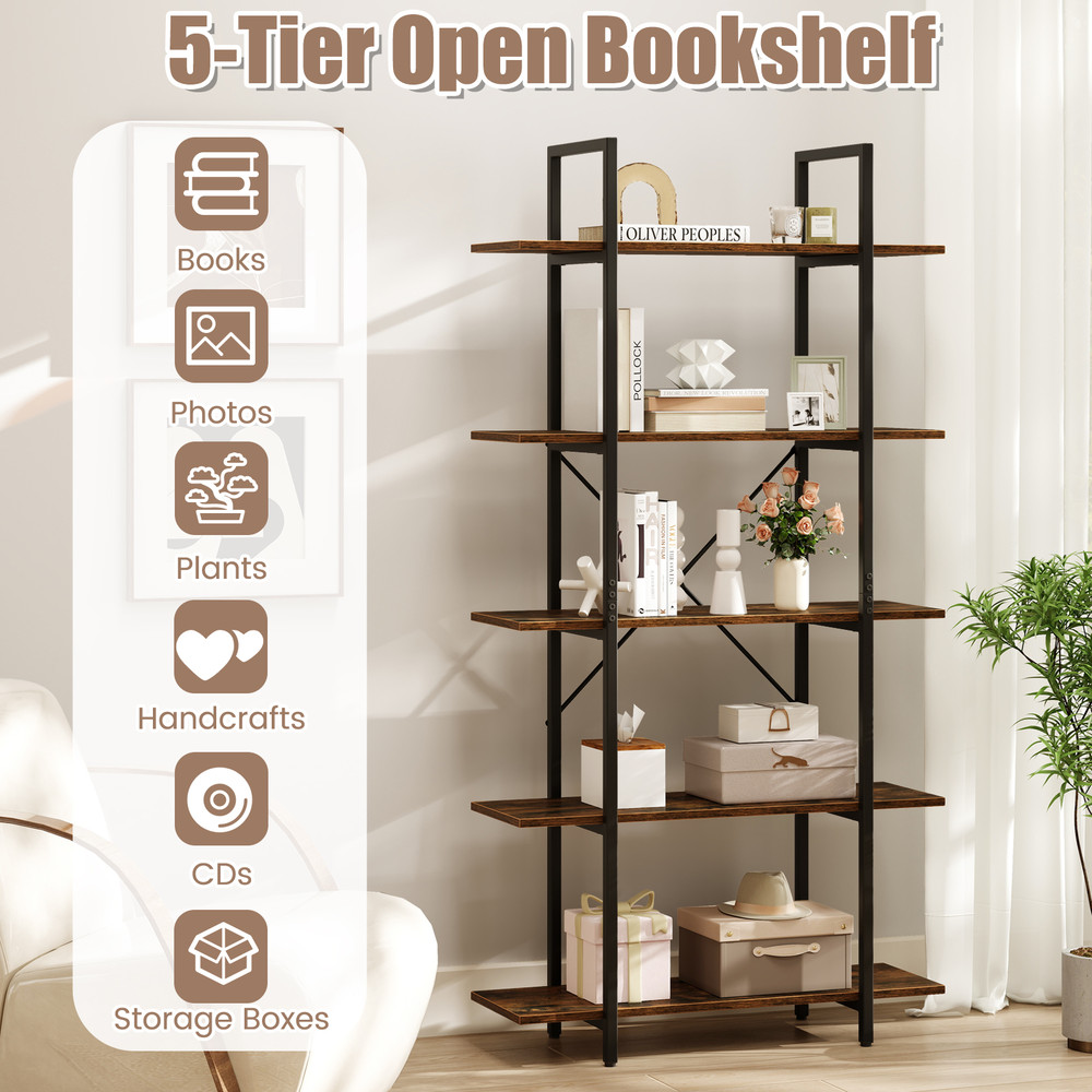 Rustic Industrial Bookcase With Metal Frame And Open Storage Shelves Tall Bookshelf For Modern  Vin 5