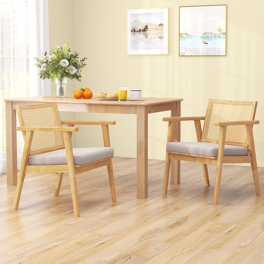 Mid Century Modern Accent Chairs Set Of 2 Breathable Rattan Back Rubber Wood Frame 0