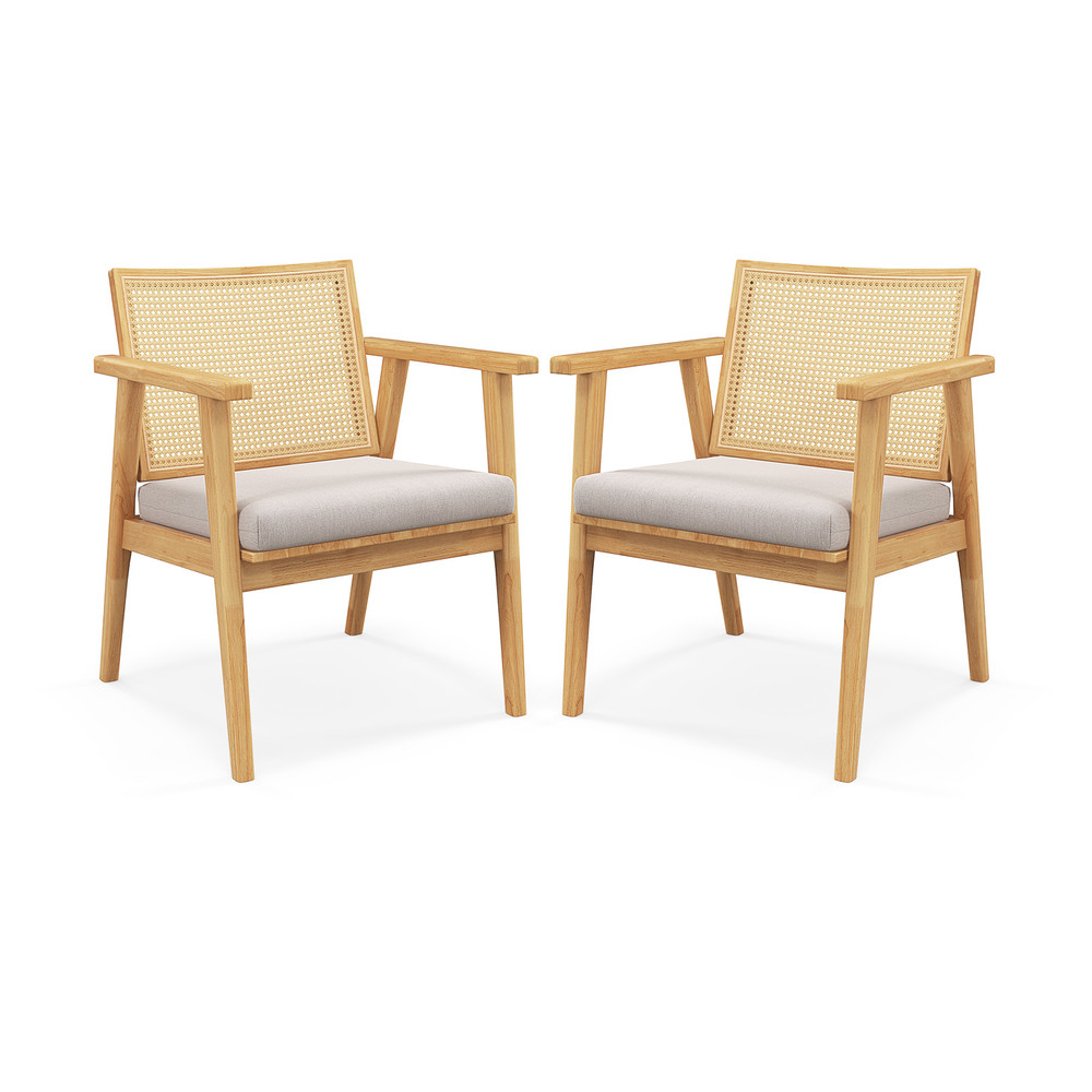 Mid Century Modern Accent Chairs Set Of 2 Breathable Rattan Back Rubber Wood Frame 6