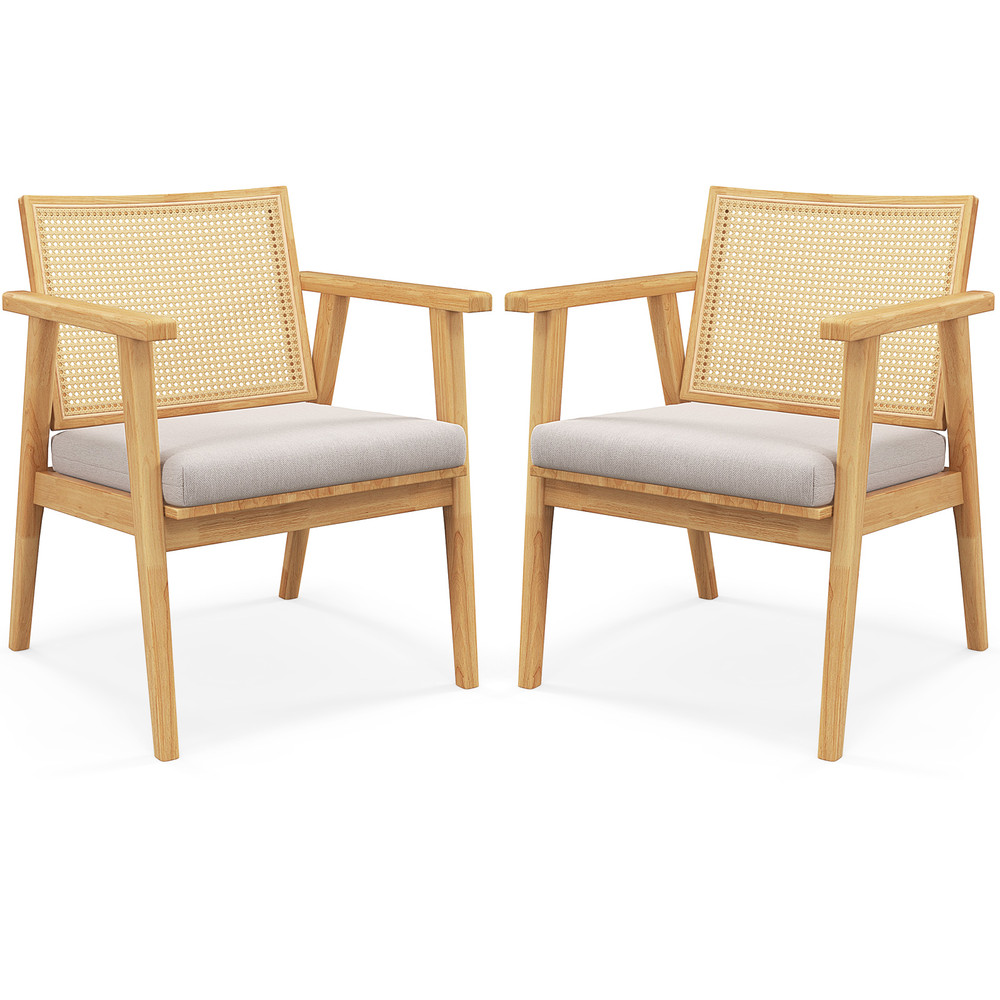 Mid Century Modern Accent Chairs Set Of 2 Breathable Rattan Back Rubber Wood Frame 7