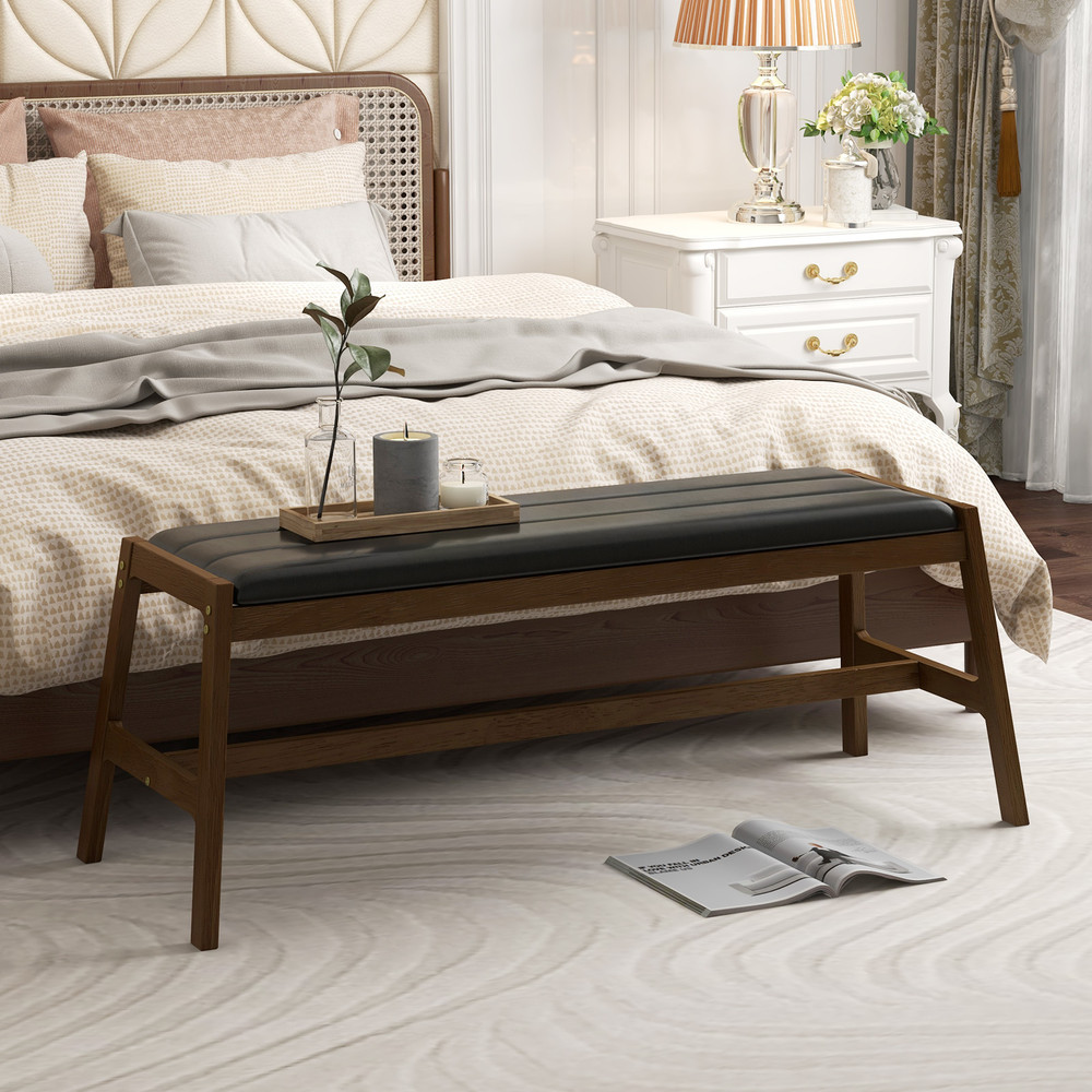 50 Inch Solid Wood Dining Bench Upholstered Table Bench With Faux Leather Padded Seat 1