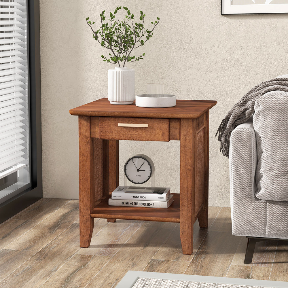 Rattan Nightstand With Drawer Storage Shelf MidCentury End Table For Bedroom Living Room Or Office 0