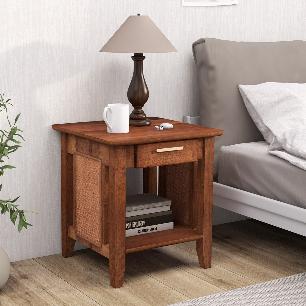 Rattan Nightstand With Drawer Storage Shelf MidCentury End Table For Bedroom Living Room Or Office 1