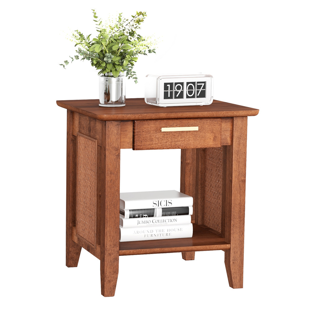 Rattan Nightstand With Drawer Storage Shelf MidCentury End Table For Bedroom Living Room Or Office 6