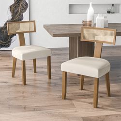 linen fabric dining chairs set of 2, upholstered accent chairs with curved rattan backrests