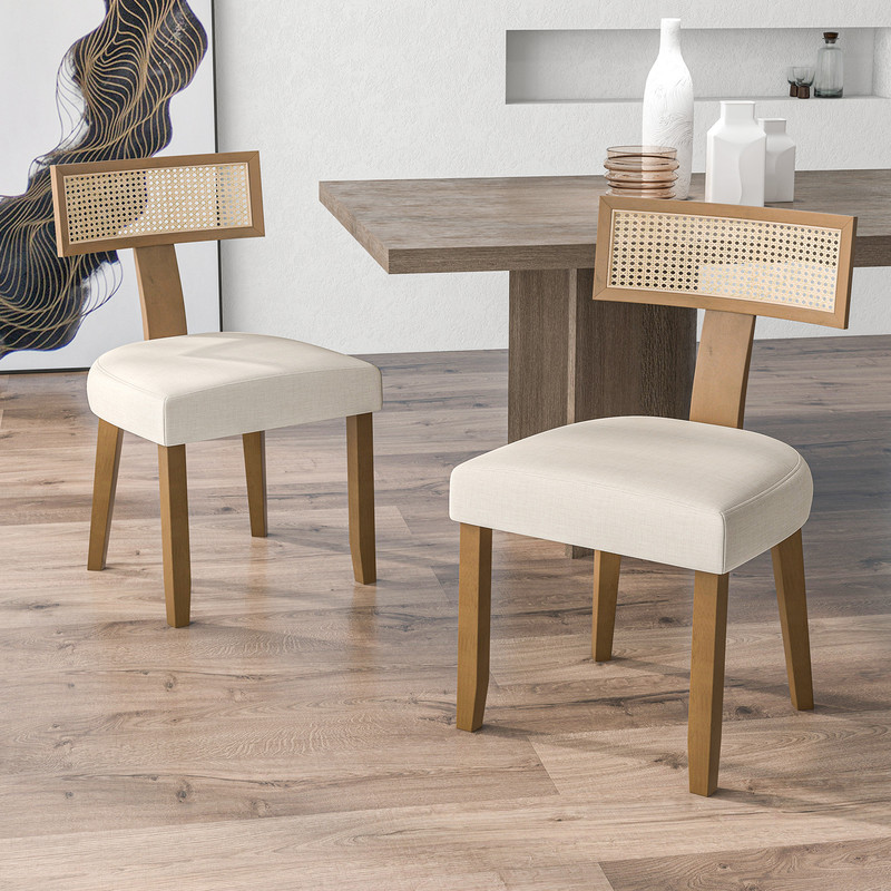 Linen Fabric Dining Chairs Set Of 2 Upholstered Accent Chairs With Curved Rattan Backrests 0