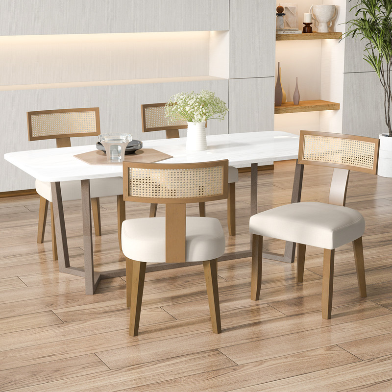 Linen Fabric Dining Chairs Set Of 2 Upholstered Accent Chairs With Curved Rattan Backrests 1