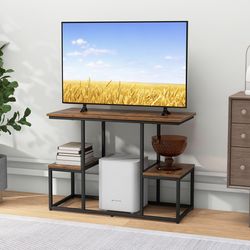 rustic tv console table for 50-inch tvs, farmhouse media stand with industrial metal frame & storage shelves