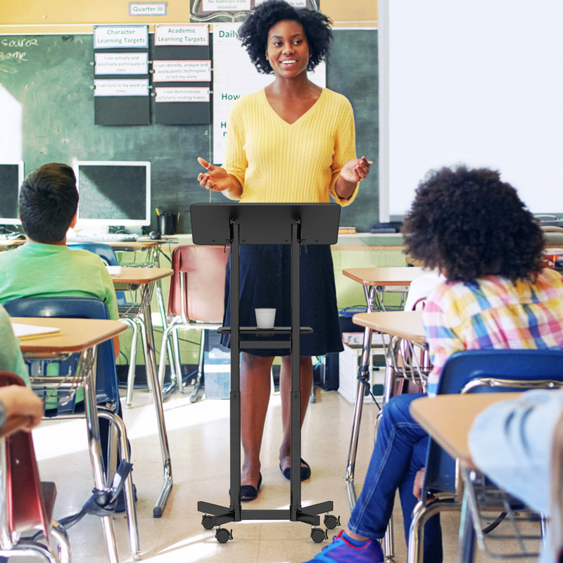 HeightAdjustable Mobile Lectern Rolling Laptop Cart With Tilting Tabletop Storage Tray 0