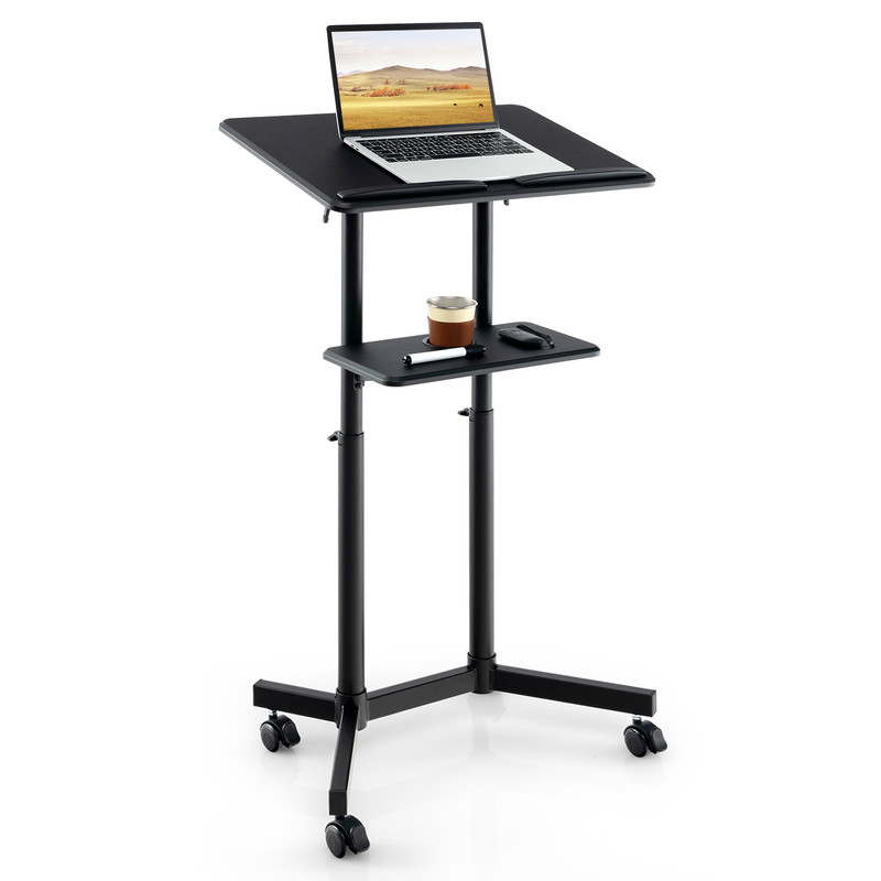 HeightAdjustable Mobile Lectern Rolling Laptop Cart With Tilting Tabletop Storage Tray 6
