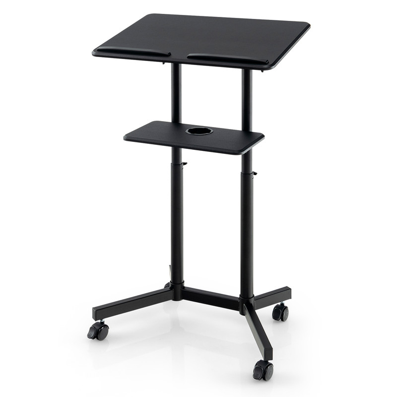 HeightAdjustable Mobile Lectern Rolling Laptop Cart With Tilting Tabletop Storage Tray 7
