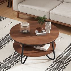 33.5 inch round coffee table with wood grain finish & heavy-duty metal frame, sturdy & stylish