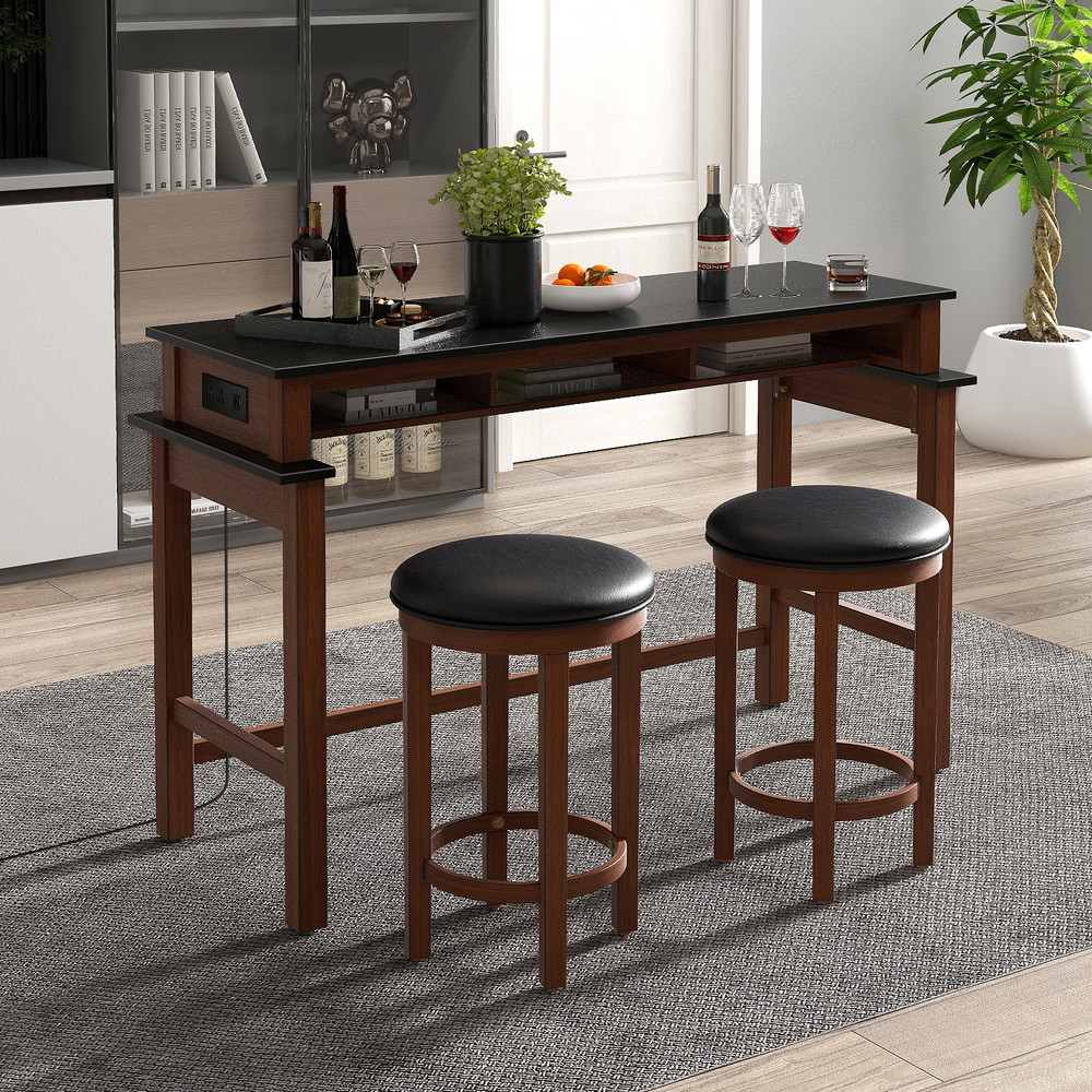 Stylish 3Piece Home Bar Set 2 Upholstered Bar Stools With Outlets USB Ports  Storage 0