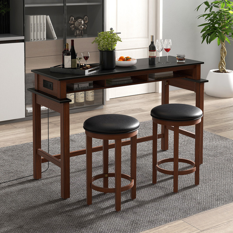 Stylish 3Piece Home Bar Set 2 Upholstered Bar Stools With Outlets USB Ports  Storage 0