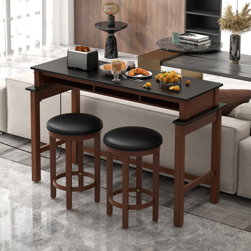 Stylish 3Piece Home Bar Set 2 Upholstered Bar Stools With Outlets USB Ports  Storage 1