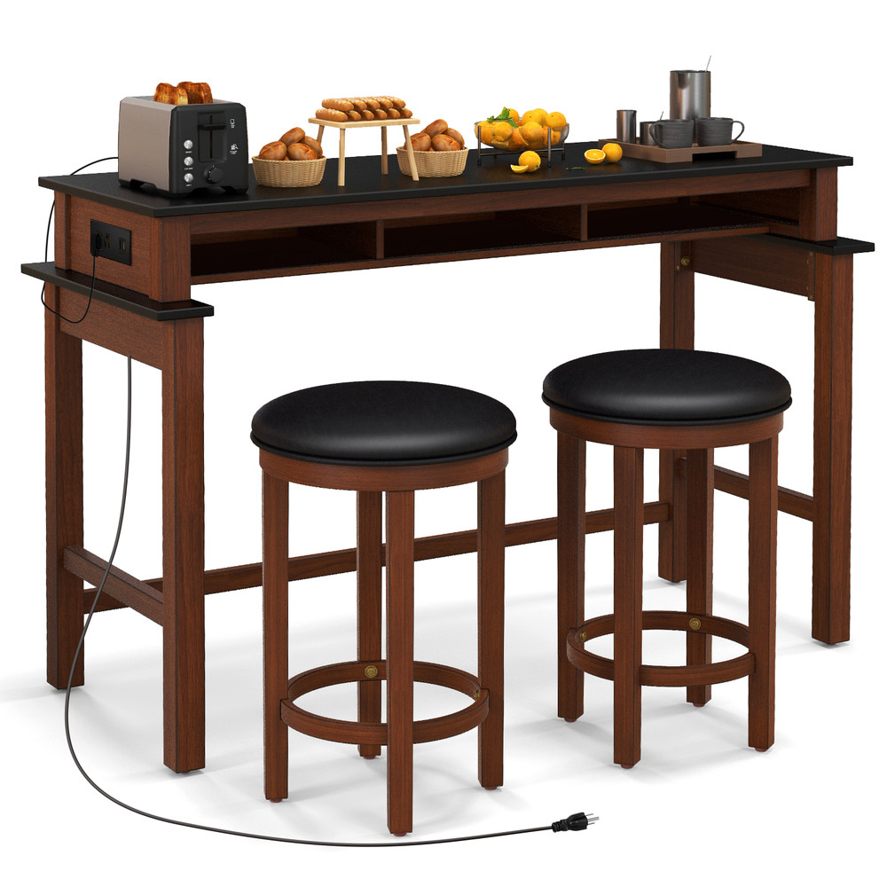 Stylish 3Piece Home Bar Set 2 Upholstered Bar Stools With Outlets USB Ports  Storage 6