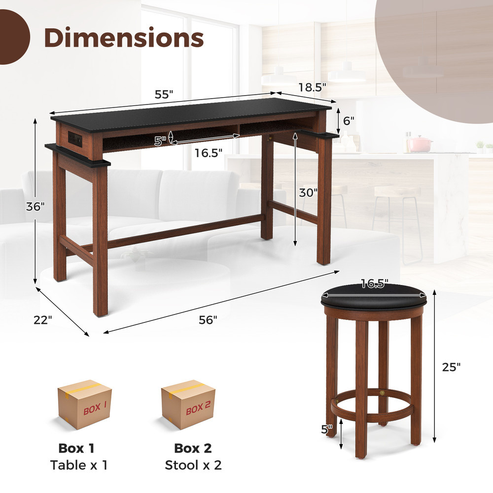 Stylish 3Piece Home Bar Set 2 Upholstered Bar Stools With Outlets USB Ports  Storage 5