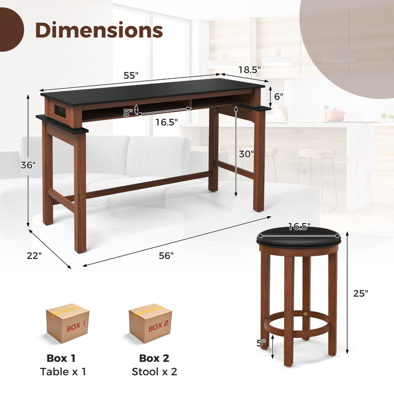 Stylish 3Piece Home Bar Set 2 Upholstered Bar Stools With Outlets USB Ports  Storage 5