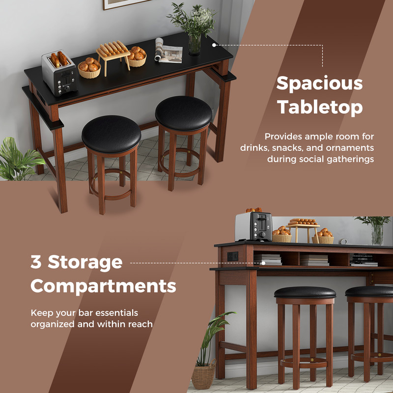 Stylish 3Piece Home Bar Set 2 Upholstered Bar Stools With Outlets USB Ports  Storage 3