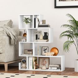 modern geometric bookshelf, 5-tier s-shaped z-shelf bookcase, open cube design for stylish display & storage