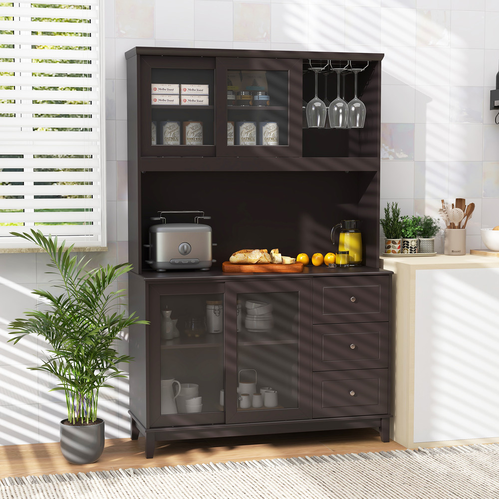 Stylish Kitchen Hutch With Builtin LED Lights  Charging Station Spacious Pantry Storage Cabinet 0