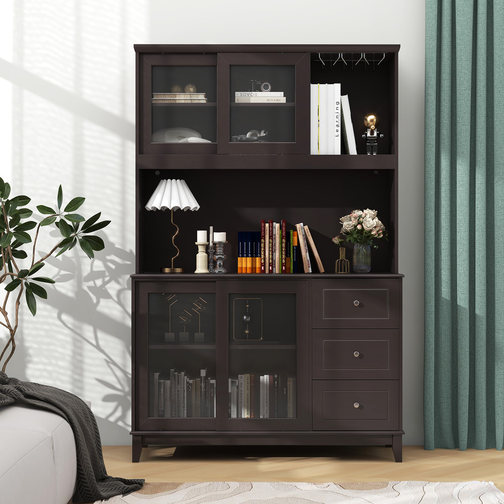 Stylish Kitchen Hutch With Builtin LED Lights  Charging Station Spacious Pantry Storage Cabinet 1