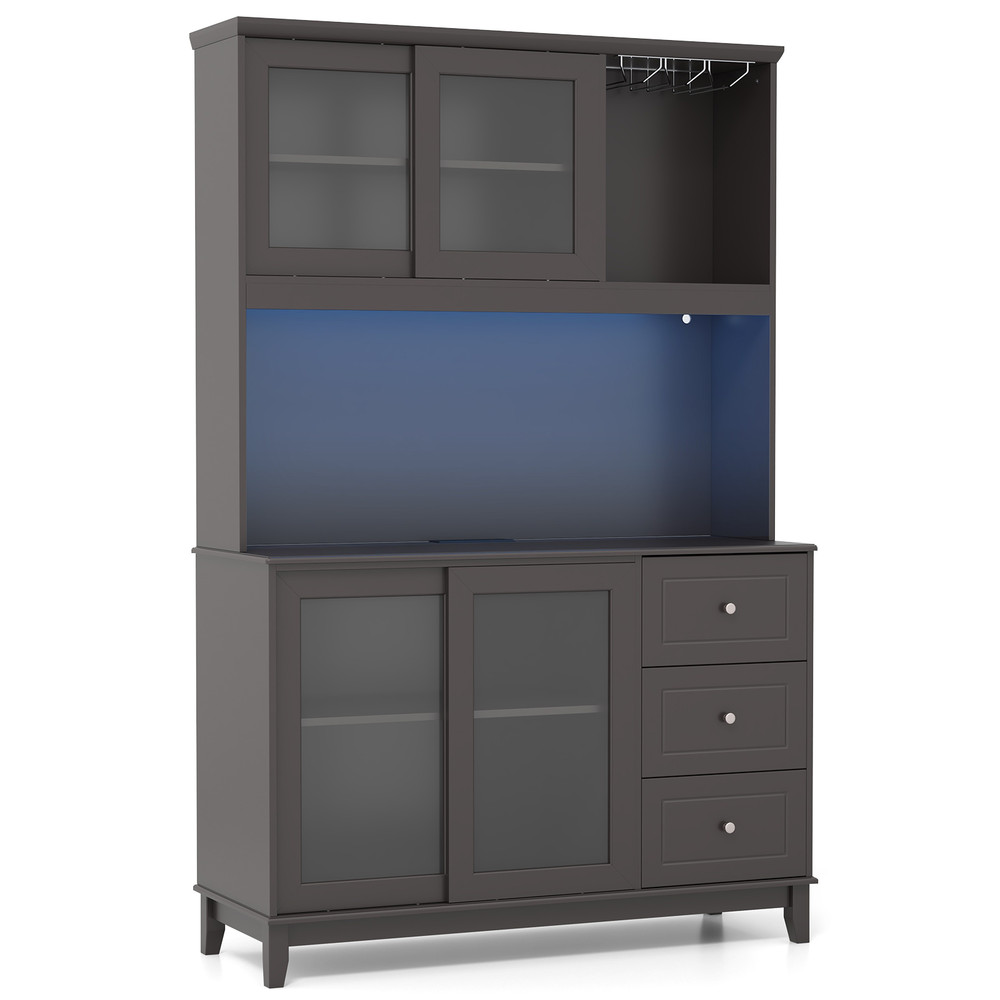 Stylish Kitchen Hutch With Builtin LED Lights  Charging Station Spacious Pantry Storage Cabinet 7