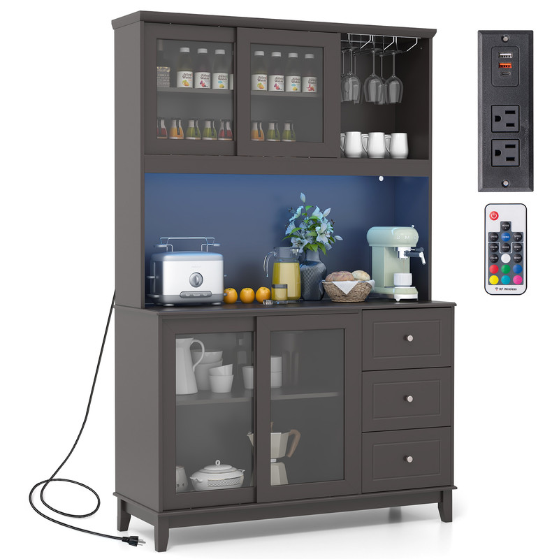 Stylish Kitchen Hutch With Builtin LED Lights  Charging Station Spacious Pantry Storage Cabinet 6