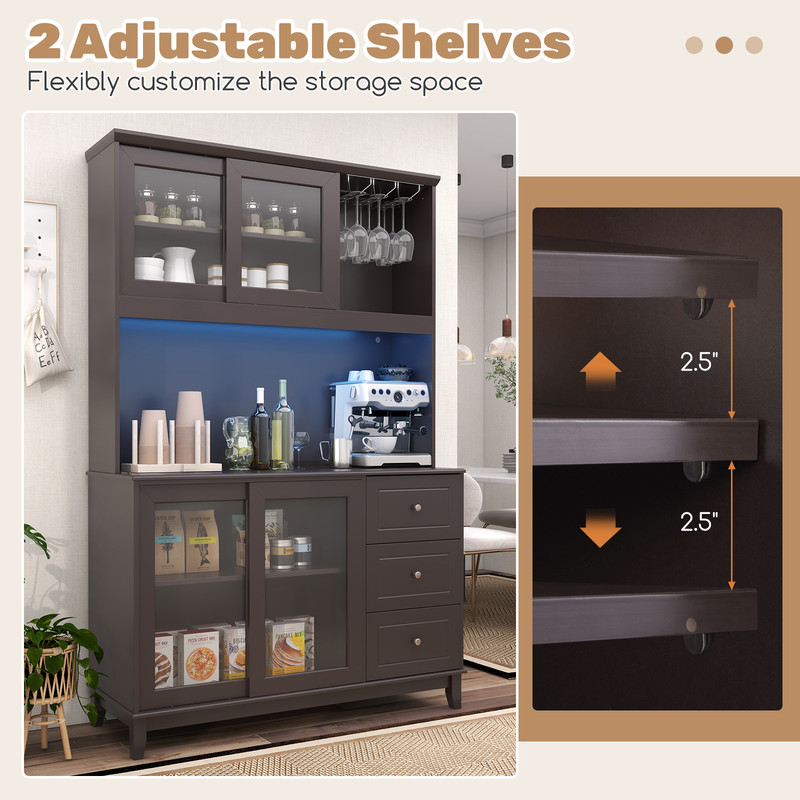 Stylish Kitchen Hutch With Builtin LED Lights  Charging Station Spacious Pantry Storage Cabinet 4