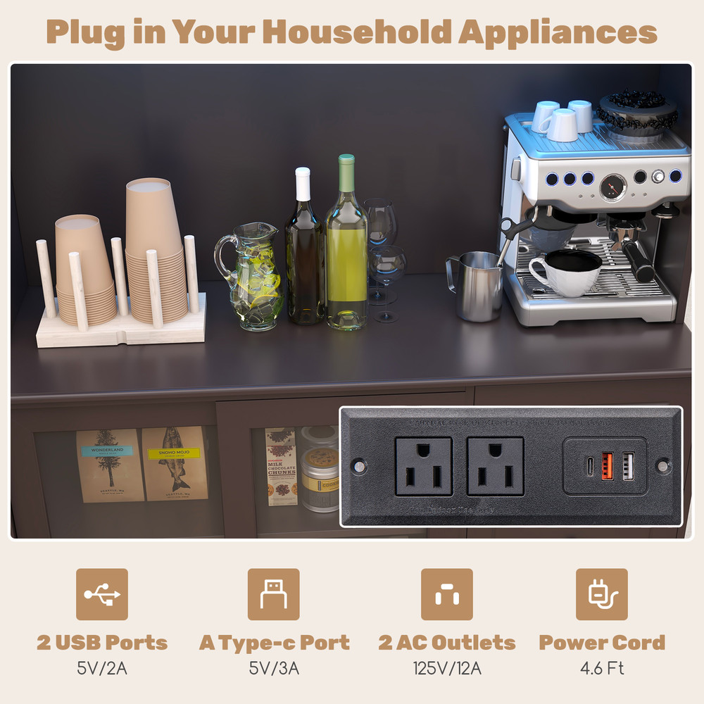 Stylish Kitchen Hutch With Builtin LED Lights  Charging Station Spacious Pantry Storage Cabinet 3