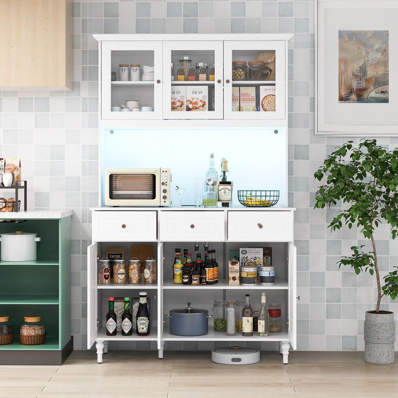77Inch Kitchen Pantry Storage Cabinet With LED Lights  Power Outlets Modern Buffet Hutch For Organi 0