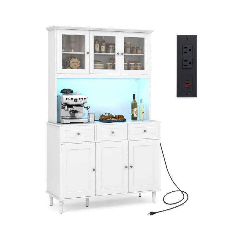 77Inch Kitchen Pantry Storage Cabinet With LED Lights  Power Outlets Modern Buffet Hutch For Organi 7