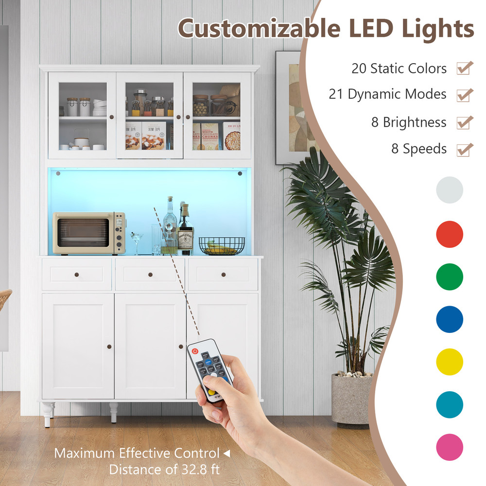 77Inch Kitchen Pantry Storage Cabinet With LED Lights  Power Outlets Modern Buffet Hutch For Organi 5