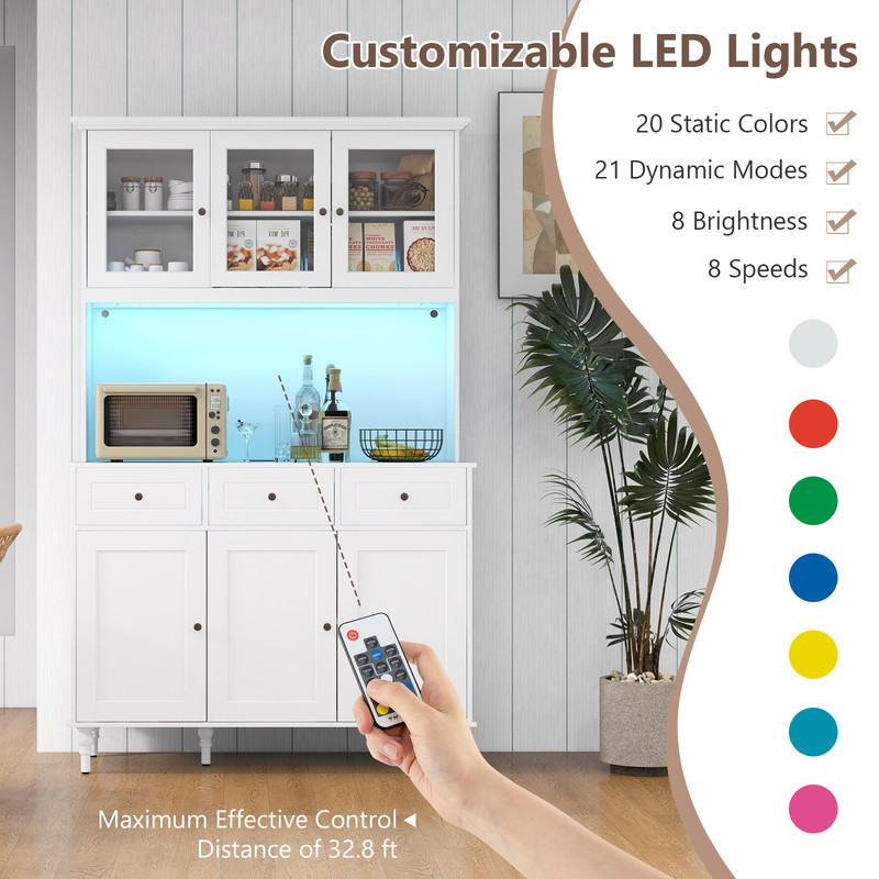 77Inch Kitchen Pantry Storage Cabinet With LED Lights  Power Outlets Modern Buffet Hutch For Organi 5