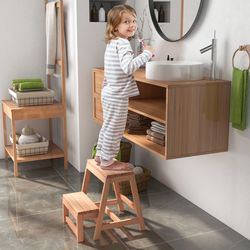 solid fir wood 2-step stool, foldable step ladder & plant display shelf for small spaces