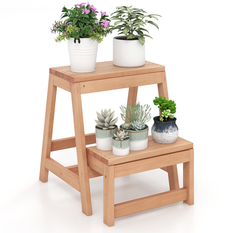 Solid Fir Wood 2Step Stool Foldable Step Ladder Plant Display Shelf For Small Spaces 6