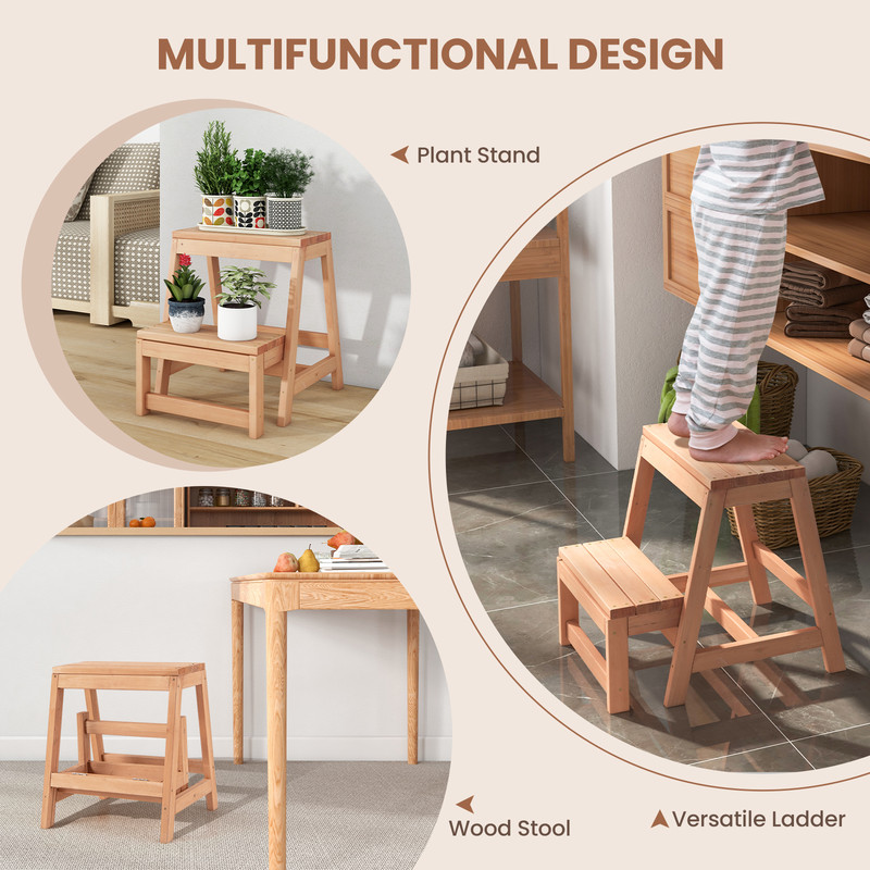 Solid Fir Wood 2Step Stool Foldable Step Ladder Plant Display Shelf For Small Spaces 3