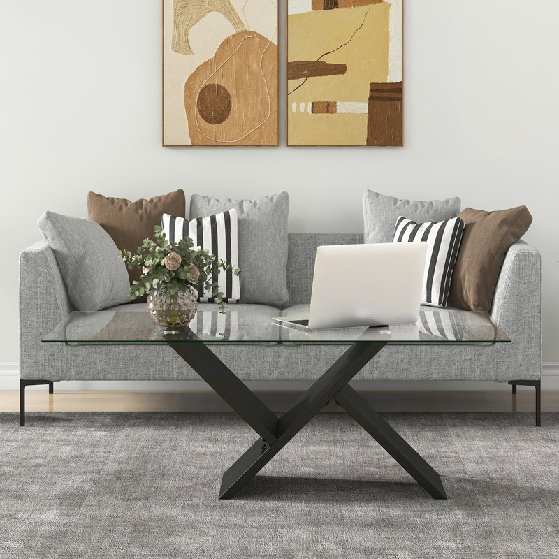 47Inch Rectangle Glass Coffee Table Modern Center Table With Tempered Glass Tabletop 0