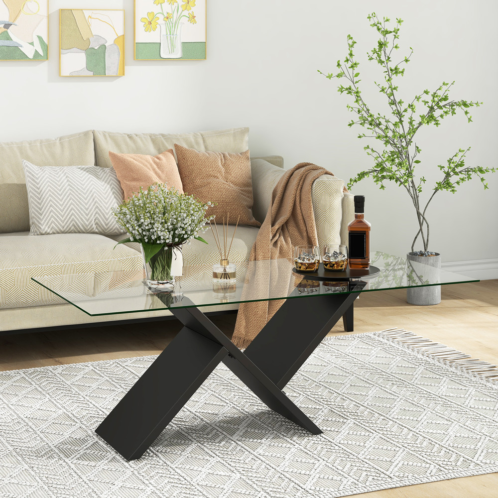 47Inch Rectangle Glass Coffee Table Modern Center Table With Tempered Glass Tabletop 1