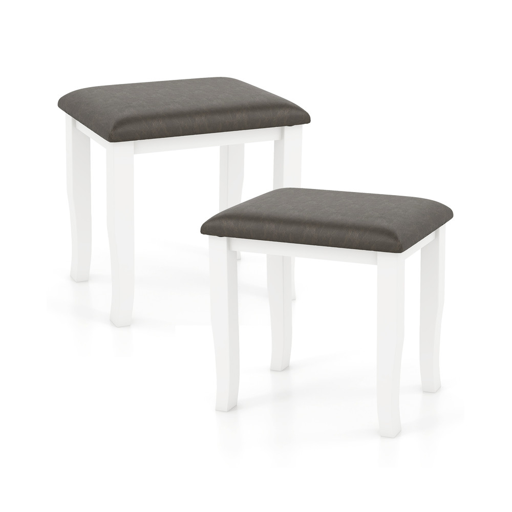 Faux Leather Vanity Stool Chair Set of 2 for Makeup Room and Living Room Gray & White Acacia Wood Stools