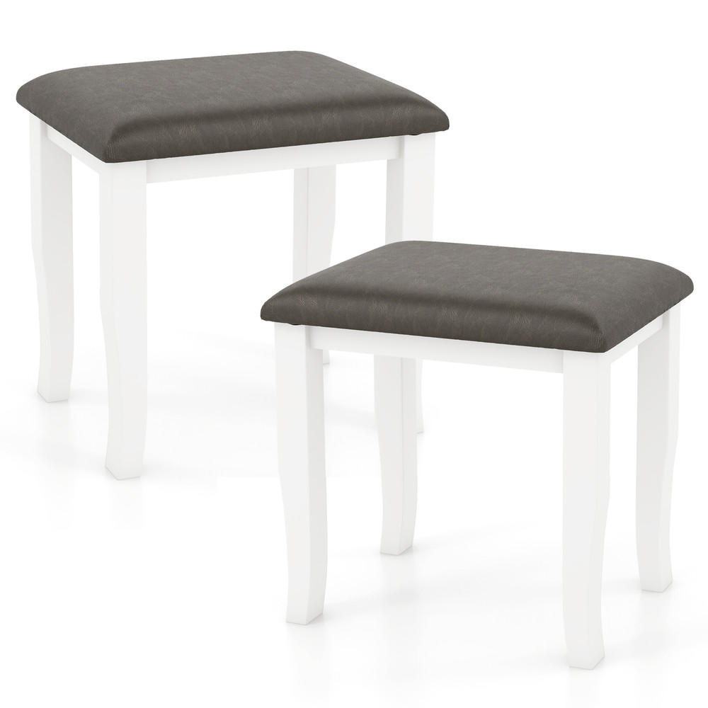 Faux Leather Vanity Stool Chair Set of 2 for Makeup Room and Living Room Gray & White Acacia Wood Stools