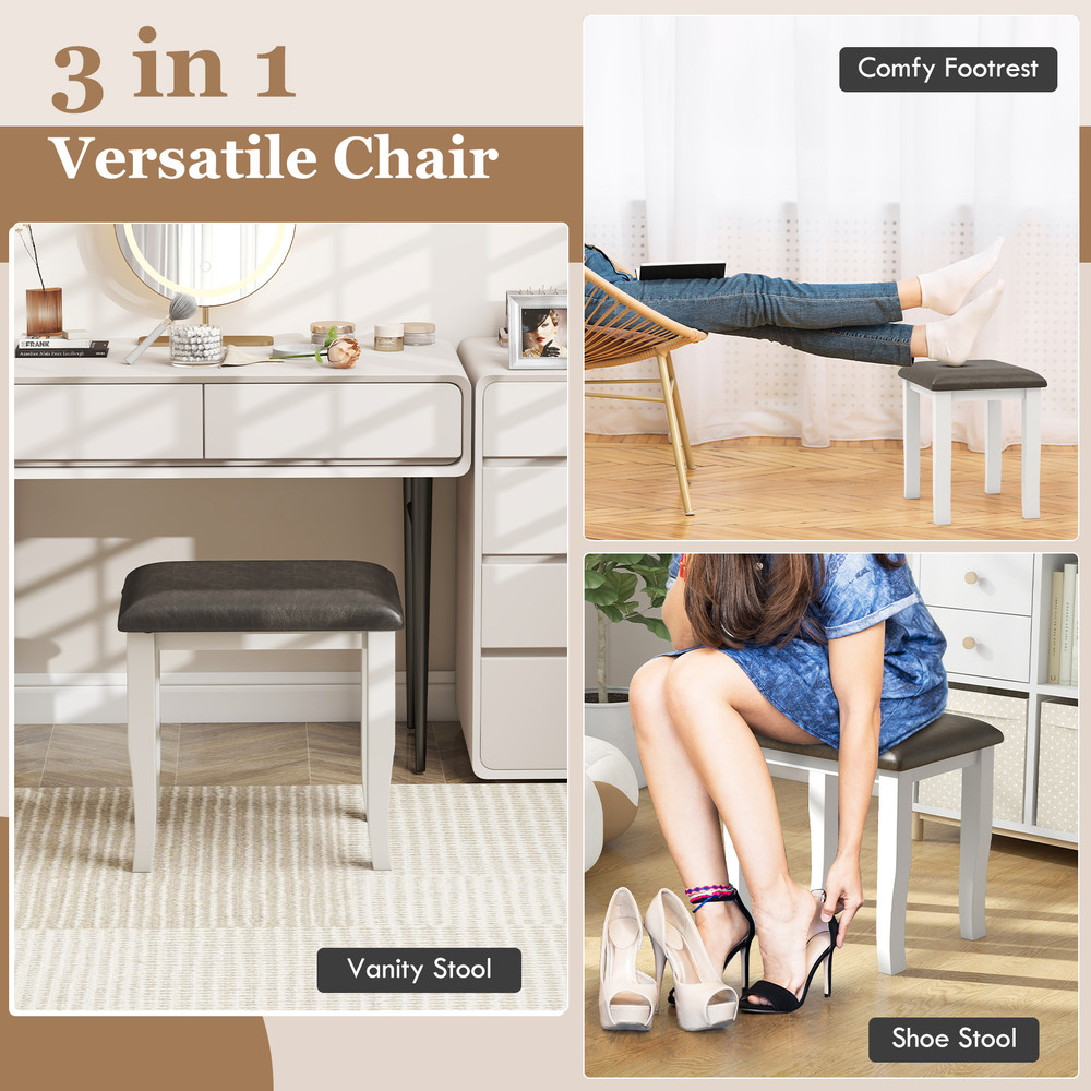 Faux Leather Vanity Stool Chair Set of 2 for Makeup Room and Living Room Gray & White Acacia Wood Stools