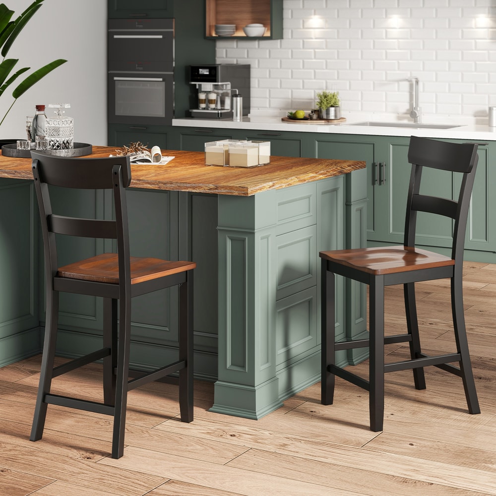 Farmhouse Dining Bar Stool Set of 2 Solid Rubber Wood Frame, Sturdy & Comfortable Bar Stools for Home & Kitchen
