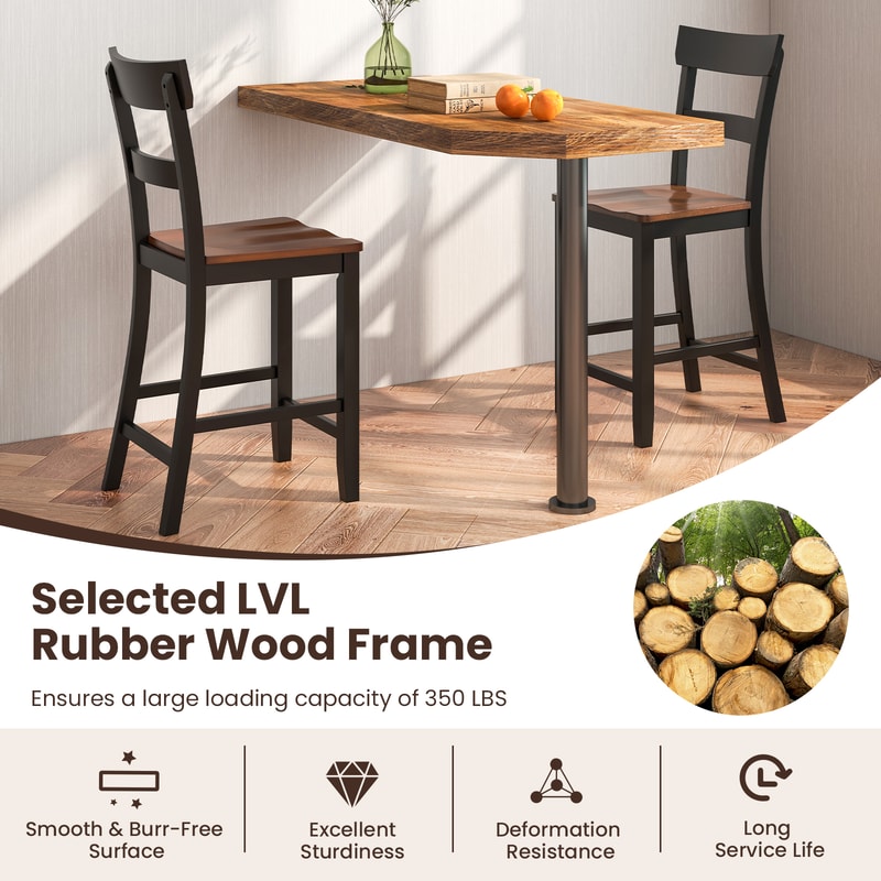 Farmhouse Dining Bar Stool Set of 2 Solid Rubber Wood Frame, Sturdy & Comfortable Bar Stools for Home & Kitchen